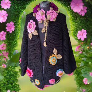 Black Oversize Floral knit Puffy Sleeve Sweater L/XL